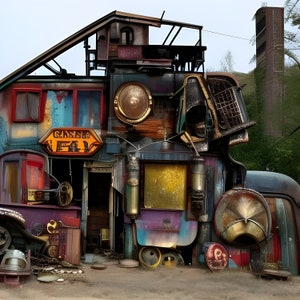 May include: A multi-level structure constructed from recycled materials, such as metal, wood, and glass. The structure is painted in a range of colours, including blue, red, yellow, and green. The structure features a sign that reads "Gansevoort" in orange lettering.