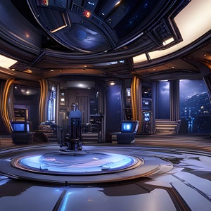 May include: Futuristic interior with a circular design. The room features a central platform with a blue glowing light, surrounded by seating and multiple screens. The walls are a mix of dark and metallic tones, with accents of gold and blue lighting.