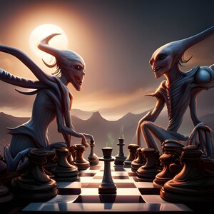 May include: A surreal image of two alien figures playing chess. The chess pieces are dark brown and white on a checkered board. The aliens have pale skin, large heads, and are set against a sunset backdrop.