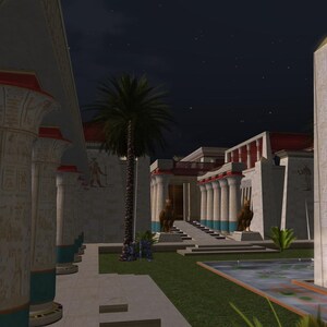 May include: A night scene of an ancient Egyptian temple with a tall obelisk in the foreground. The temple has a large courtyard with columns and a pool of water. The sky is dark with stars.