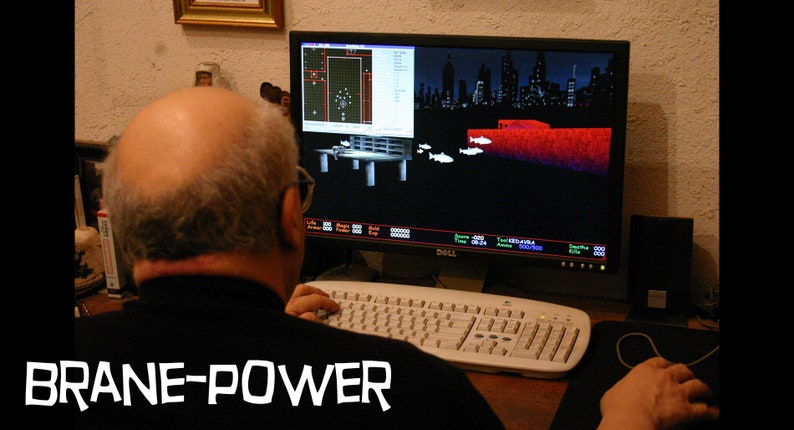 May include: A person sits in front of a computer playing a video game. The game is displayed on the computer screen and shows a city skyline, a red bridge, and several fish swimming. The text "BRANE-POWER" is visible at the bottom of the image.