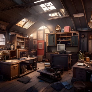 May include: A cluttered attic room with wooden furniture, a television, and a record player. The room has a skylight and is filled with natural light.