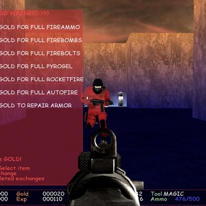 May include: A video game screen showing a character in a red suit holding a gun. The character is standing in a room with a red and blue wall. The text on the screen reads "M1: WHAT DO YOU NEED???" and lists various items that can be purchased with gold. The text also says "You need more GOLD!" and provides instructions for using the game's interface.