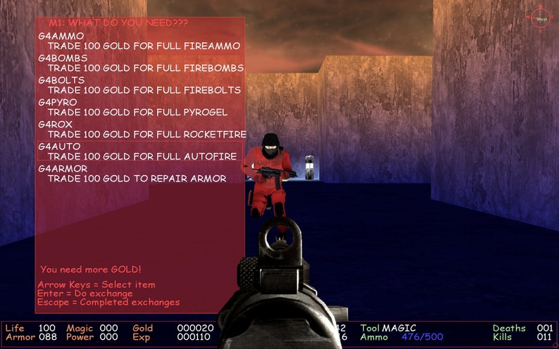 May include: A video game screen showing a character in a red suit holding a gun. The character is standing in a room with a red and blue wall. The text on the screen reads "M1: WHAT DO YOU NEED???" and lists various items that can be purchased with gold. The text also says "You need more GOLD!" and provides instructions for using the game's interface.