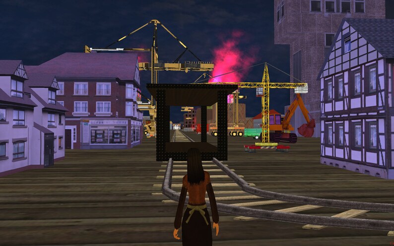 May include: A woman stands on a wooden platform with a black metal frame overhead.  The platform is surrounded by buildings and construction equipment, including cranes and an excavator.  The scene is lit by streetlights and a pink glow from the construction site.