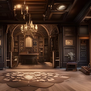 Pode incluir: Uma biblioteca de madeira escura com um grande candelabro, estantes e uma mesa comprida no centro. A sala é decorada com detalhes dourados e tem uma atmosfera quente e acolhedora.
