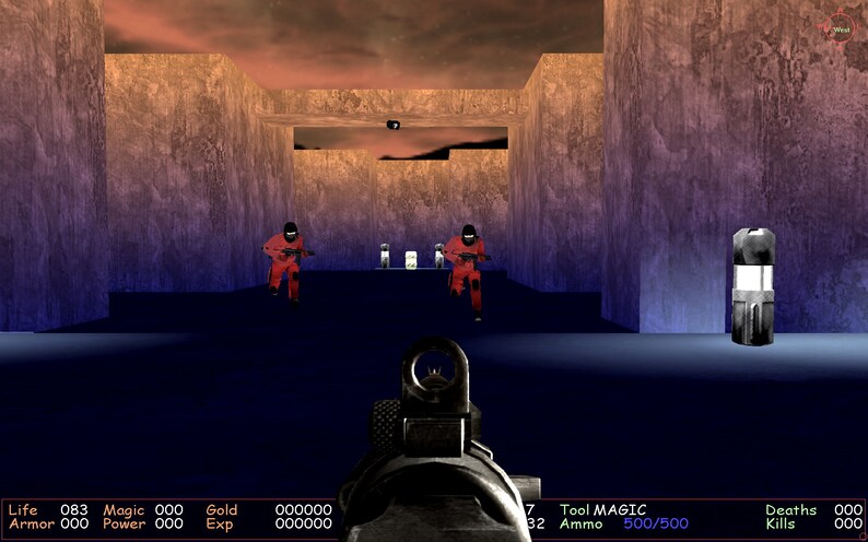 May include: A first-person shooter video game screen showing a player aiming a gun at two red-clad opponents in a futuristic, gray and blue environment. The player's health, ammo, and other game statistics are displayed at the bottom of the screen.