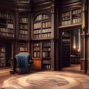 May include: A large, dark wood library with floor-to-ceiling bookshelves filled with books. A comfortable armchair sits in the center of the room, and a wooden desk is visible in the background.