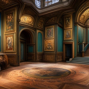 Pode incluir: Um grande interior ornamentado com uma escada majestosa, detalhes dourados intrincados e uma grande pintura na parede. O quarto possui um teto alto, portas arqueadas e um piso de madeira com um design circular.