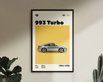 Póster inspirado en el Porsche 993 Turbo de mediados de siglo para entusiastas de los coches.