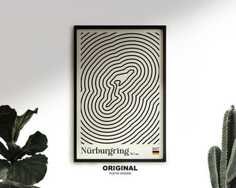 Póster Bauhaus de Nürburgring, impresión minimalista de Fórmula 1 (descarga digital)