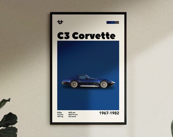 Póster del Corvette C3 de mediados de siglo: Arte mural de coches retro (descarga digital)