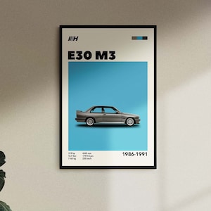 Digital Download Mid-Century BMW E30 M3 Poster Car Print, Birthday, Wall Print, Retro Wall Decor, Gift,