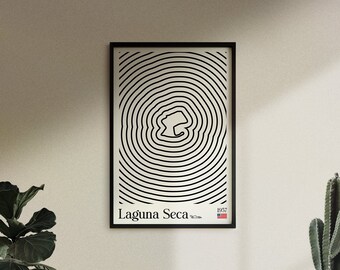 Póster de Laguna Seca inspirado en la Bauhaus para entusiastas de los coches, Día del Padre, Fórmula 1, retro, moderno.