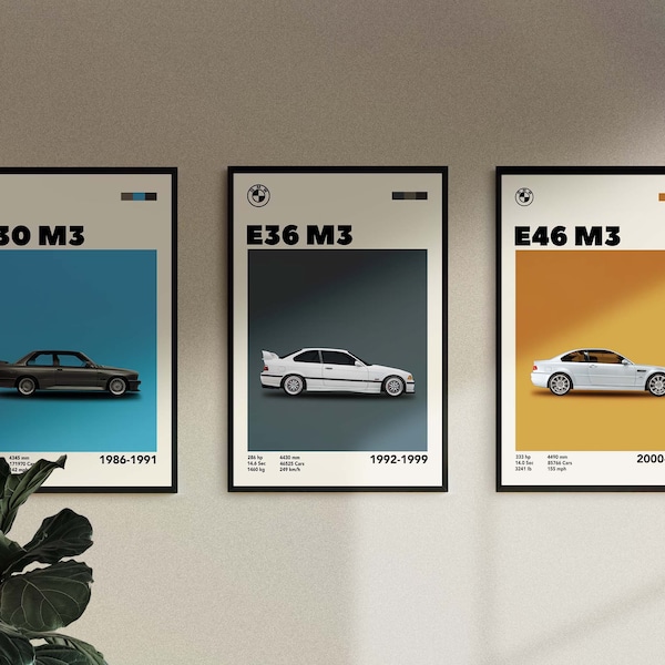 Zestaw 3 plakatów BMW M3, e30 e36 e46 m3 zestaw plakatów, wydruki cyfrowe do pobrania, entuzjasta samochodów, wydruki do pobrania, dekoracje ścienne,