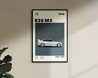 BMW E36 M3-autoprint uit het midden van de eeuw: retro muurdecoratie (digitale download)