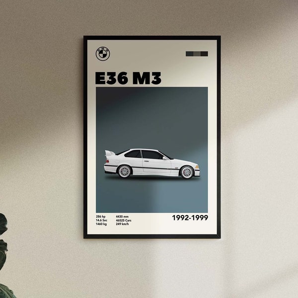 Digital Download Mid-Century BMW E36 M3 Poster Gift, Car Print, Birthday, Wall Print, Fathers Day, Retro Wall Decor