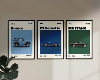 Pósters de coches americanos: Corvette, Bronco y Mustang (descarga digital)