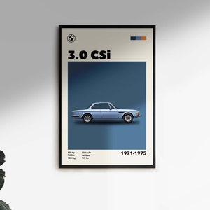 Puede incluir: Un póster vintage con un BMW 3.0 CSi azul con el texto "3.0 CSi" y "1971-1975" sobre un fondo beige claro.