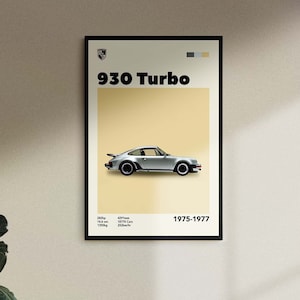 May include: A vintage poster featuring a silver Porsche 930 Turbo with the text "930 Turbo" and "1975-1977".