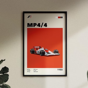 May include: A red and white Formula 1 race car, the McLaren MP4/4, with the text "MP4/4" and "1988" on the poster. The car is on a red background with the text "650 hp, 15 Wins, 540 kg" and "4394 mm, 6 Cars, 328 km/hr" below the car.