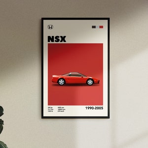 May include: A red Honda NSX sports car poster with a white background and black text. The poster features the car's name, "NSX", and the years it was produced, "1990-2005".