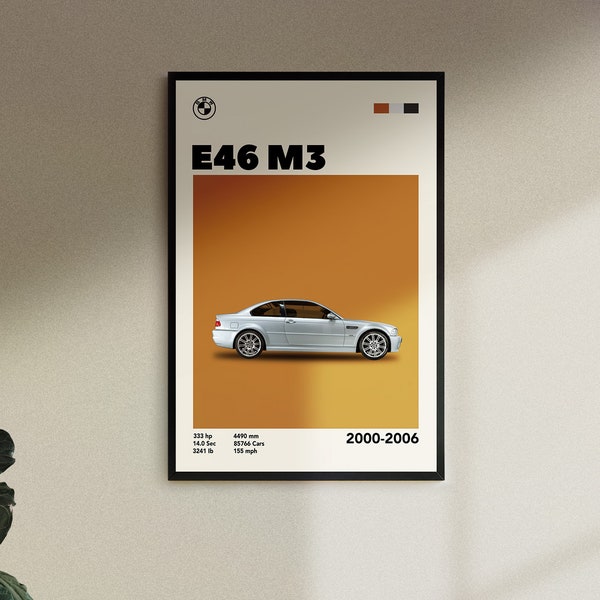 Digital Download Mid-Century BMW E46 M3 Poster Car Print, Birthday, Wall Print, Retro Wall Decor, Gift