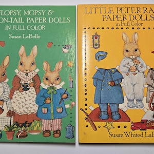 May include: Two paper doll books featuring Flopsy, Mopsy & Cotton-Tail Paper Dolls and Little Peter Rabbit Paper Dolls. Both books are in full color and feature illustrations of rabbits.