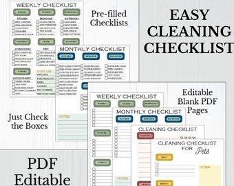 May include: Printable cleaning checklists in PDF format. The checklists are divided into weekly, monthly, and daily tasks. There are pre-filled checklists and blank checklists for customizing. The checklists are designed with a green, blue, and brown color scheme.