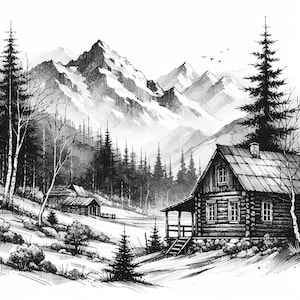 Cabin in the Mountains. Amazing digital prints for engraving.