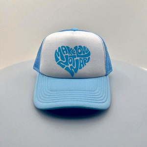 Make Love Not War  Trucker Hat with mesh snap back,  baby blue hat adjustable for all gift