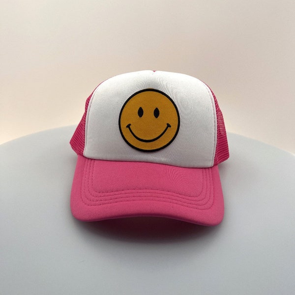 Smiley Face Neon Pink Trucker Hat with mesh snap back,  brown hat adjustable for all gift