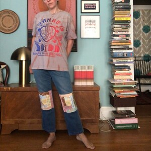 Patchwork 70s vintage Lee jeans, 35&quot; waist, cottagecore, hand-quilted, cotton/poly blend