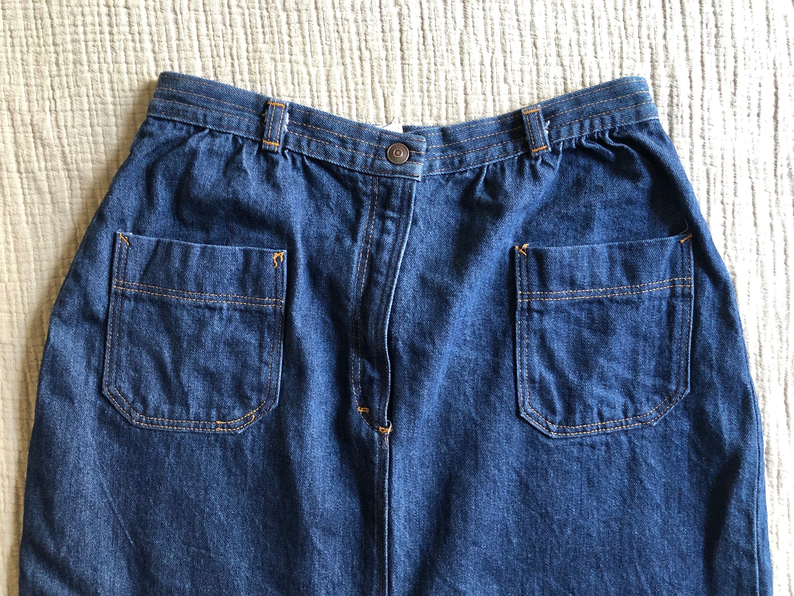 70s Long Denim Skirt Dark Wash 28 Waist Front Slit