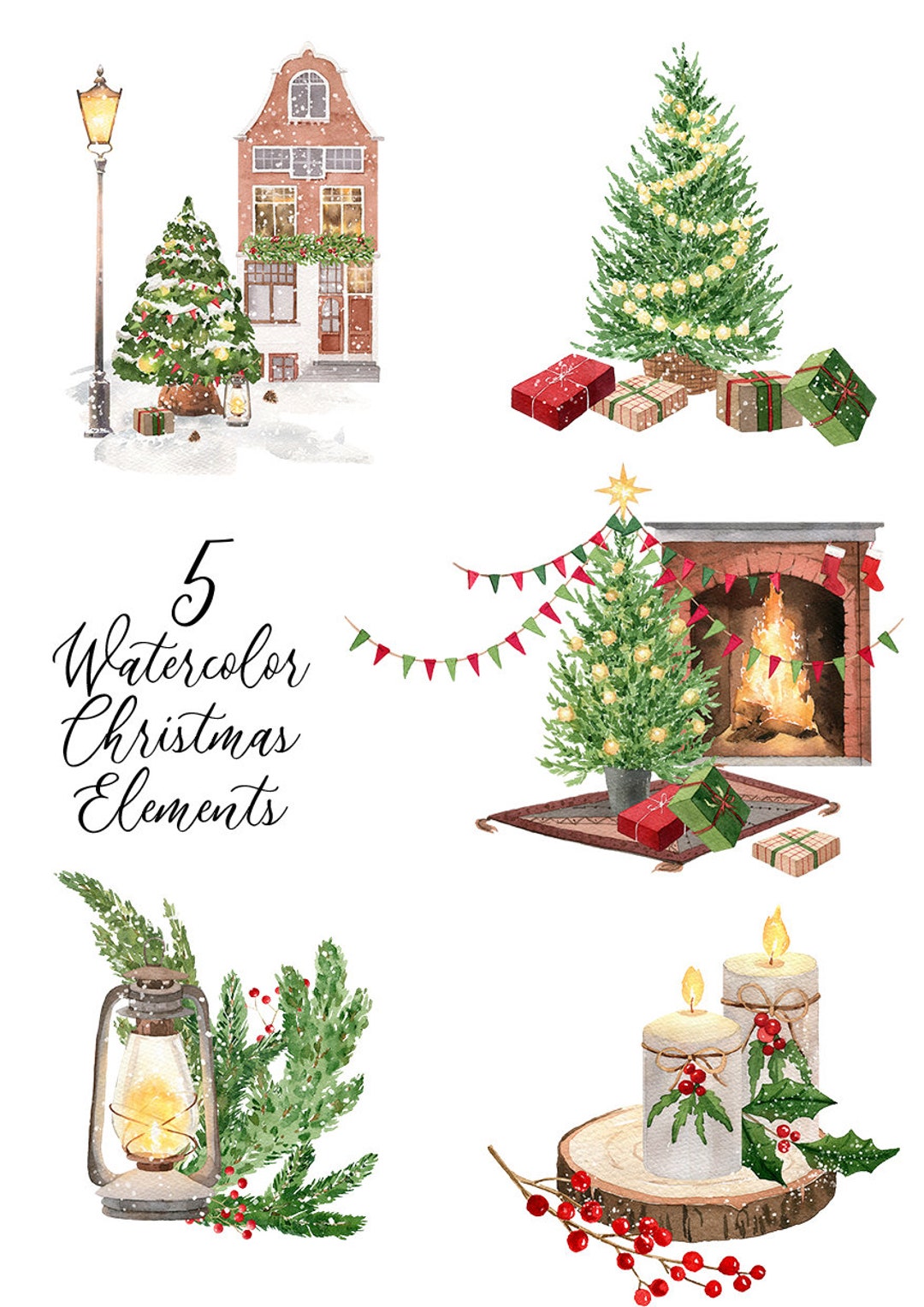 5 Watercolor Christmas Printable Elements for Designing - Etsy