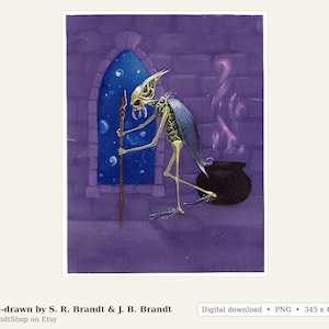 May include: A digital illustration featuring a slender, pale creature with large ears and a blue cape standing in a purple stone room. The creature holds a wooden staff next to a black cauldron with purple smoke. A window shows a starry night sky.