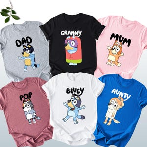 Personalized Blue Dog Family Matching Shirts, Custom Blue Dog Party Shirts, Blue Dog Cartoon Shirt, Bluey Mom Dad Family Matching Tees
