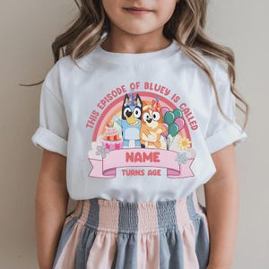 Personalized Blue Dog Birthday Girl Shirt – Blue Dog Custom Age Tee for Kids – Cartoon Birthday Outfit – Personalized Blue Dog Party Shirt