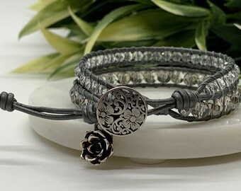 Light Grey Crystal and Silver Crystal Beads in a Grey-Metallic Leather Double-Wrap Bracelet, Boho-Chic