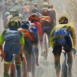 May include: An impressionistic painting of a bicycle race. Cyclists in colorful jerseys and helmets are seen from behind, creating a sense of motion and speed. The artwork uses a muted color palette with visible brushstrokes, capturing the energy of the event.