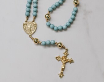 Miraculous Medal Rosary - Handmade Rosary Light Blue Wood Beads Gold Centerpiece and Crucifix - Catholic Rosary