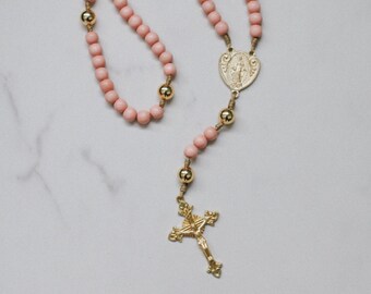 Miraculous Medal Rosary - Handmade Rosary Pink Wood Beads Gold Centerpiece and Crucifix - Catholic Rosary