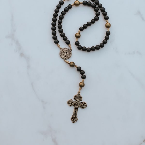 Holy Face of Jesus Rosary - Handmade Rosary Black Onyx Gemstone beads Bronze Pardon Crucifix - Catholic Rosaries