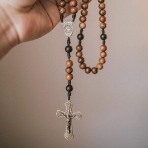 St. Benedict Solid Bronze Rosary - Natural Robles Wood & Black Onyx Gemstone Beads - Handmade Paracord Rosary - Bronze Center and Crucifix