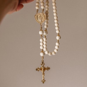 Creamy White & Gold Miraculous Medal Rosary - Wood and Gemstone Rosary - Blessed Virgin Mary - Handmade Catholic Rosary