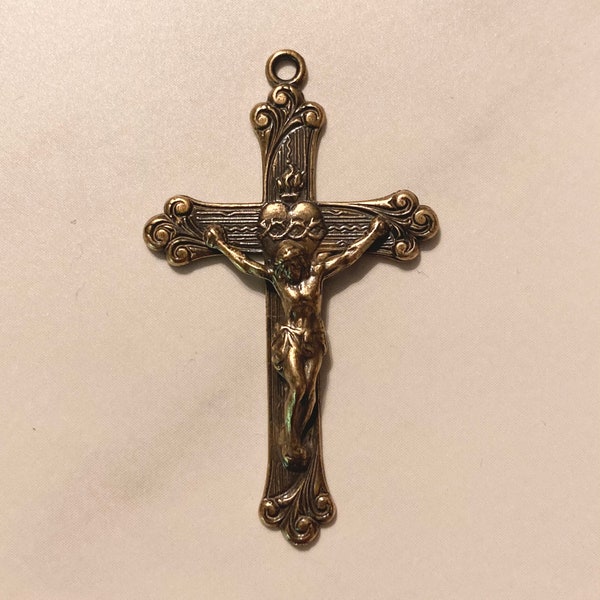 Pure Bronze Sacred Heart Crucifix - Solid Bronze Catholic Rosary Parts