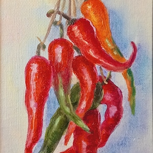 red hot peppers  oil painting on canvas board 4x6&quot;  handmade