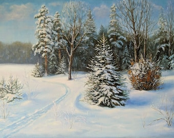 冬の風景 キャンバスに油絵、雪の森、雪の絵、冬のアートワーク