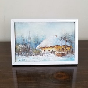 Winter Ukrainische Landschaft Ölgemälde auf Leinwand 15x10 cm Handarbeit