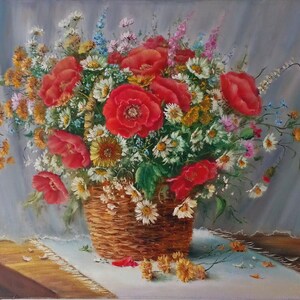Natureza morta Buquê de flores silvestres Pintura a óleo sobre tela Natureza morta personalizada feita à mão.